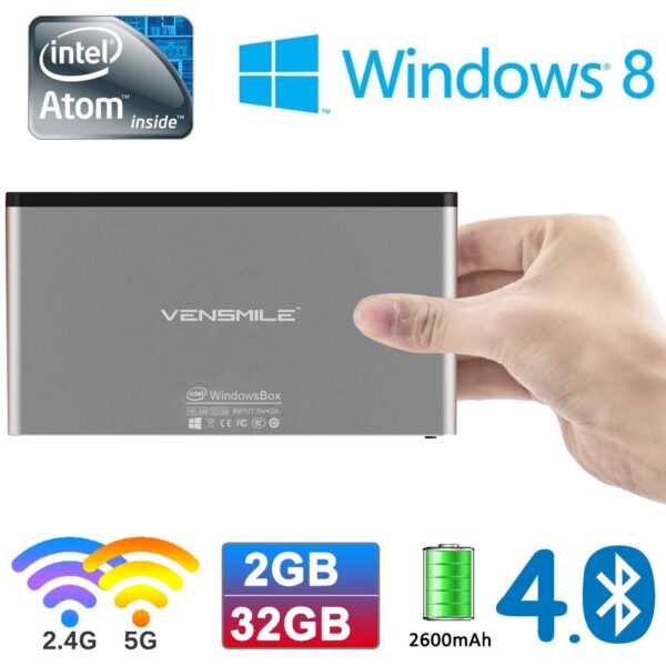VENSMILE® iPC002 Mini PC z Intel Atom BayTrail CR Z3735F Quad-core (4C/4T) SoC CPU Support Windows OS Pocket Mini Computer with Memory 2G EMMC 32G Bluetooth 4.0 Built-in Battery 2.4G/5G Dual Band WiFi-0