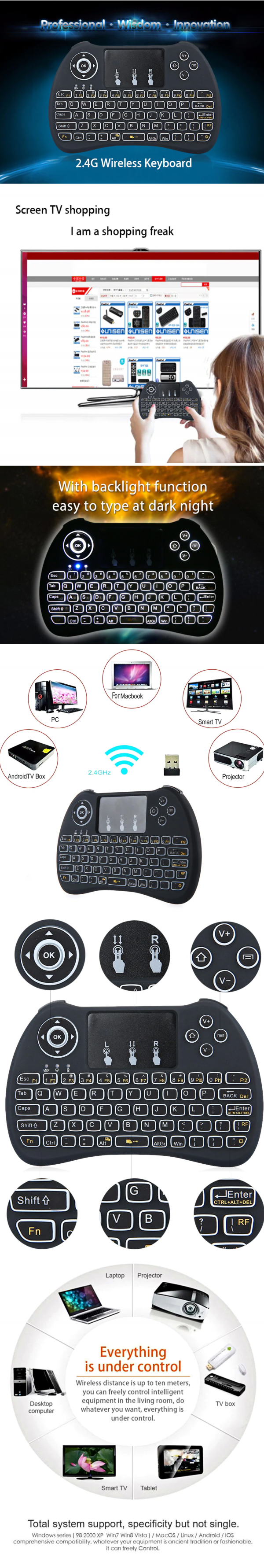 Hand-held Wireless QWERTY Keyboard with Backlight H9 Mini, black-8248
