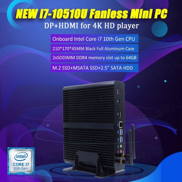 Industrial fanless mini PC Nettop Computer HTPC V7 Intel Core™ i7-10510 DDR4 mSATA HDMI DP-9442