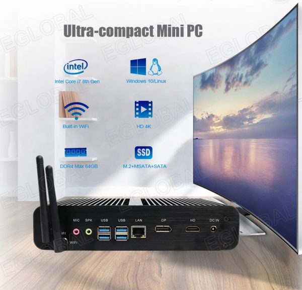 Industrial fanless mini PC Nettop Computer HTPC V7 Intel Core™ i7-10510 DDR4 mSATA HDMI DP-9444